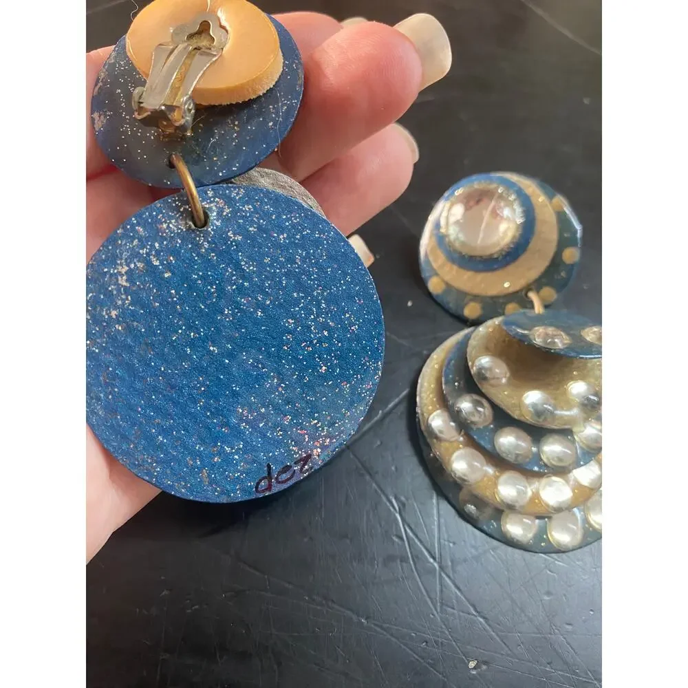 vintage 1980s huge statement earrings, blue rhinestones, 80s fashion, clip on